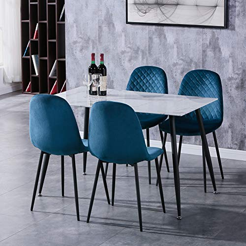 GOLDFAN Esstisch mit 4 Stühlen Rechteckiger Esstisch aus Glas Moderner Küchentisch Set Esszimmerstuhl aus Samt Küchenstuhl, Blau