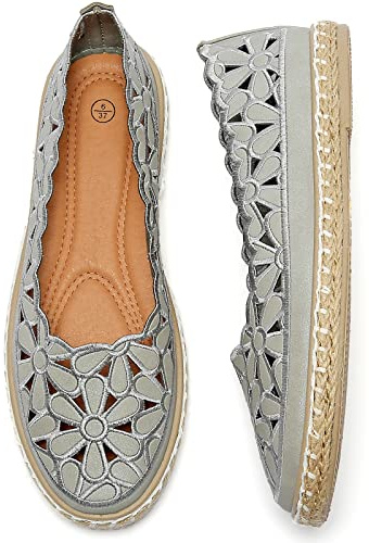 HEAWISH Women’s Ballet Flat Daisy Round Toe Dress Shoes Casual Slip On Rope Loafer(Grey, US7)
