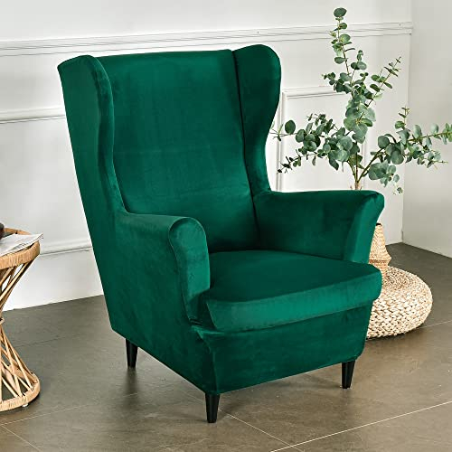 Highdi 2-Teilig Ohrensessel Bezug für Stradmon Stuhl, Stretch Luxus Samt Sesselüberwürfe, Elastisch Sesselhusse mit Armlehne für Ohrensessel, Relaxsessel, Fernsehsessel (Dunkelgrün)