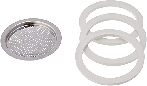 Sicignano - Set 3 Guarnizioni e 1 Filtro Per Modello a 2 Tazze, Bianco/Argento Caffettiera Moka Pedrini Morenita