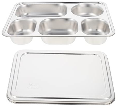 Angoily Edelstahl Teller 5 Fach Unterteilt Teller Menüteller mit Deckel Menü Tablett Kantinentablett Trennteller Essteller Snackteller Servierteller Geschirr für Zuhause Kinder Schule Buffet