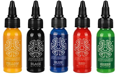 ATOMUS Tattoo Tinten 5er Set 1oz (30ml) - Gelb, Schwarz, Blau, Rot, Grün - Wasserfest - Erwachsene