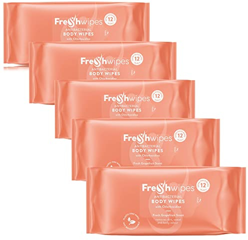 FreshWipes Antibacterial Body Wipes For Adults 5 Pack (60 Wipes) - Grapefruit Scent - Large Biodegradable Wet Wipes - Dermatologically Tested & Suitable for Elderly or Disabled - Great for Camping