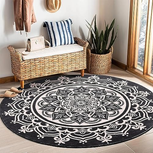 Carvapet Teppich Rund 150cm Weich und Flauschig Teppich Gegend Kreis rutschfest Waschbar Böhmisches Mandala Bodenteppich Wohnzimmer Schlafzimmer(Schwarz)