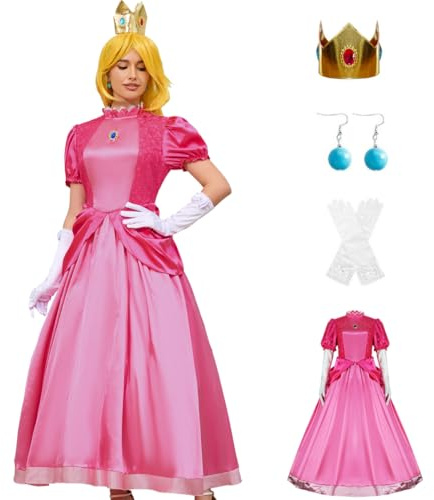 PAINEOMN Robe de princesse pour femme, costume de princesse d'Halloween, couronne, boucles d'oreilles et gants, costume adulte, pêche, Medium