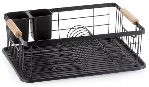 kela Egouttoir à Vaisselle Rica, métal, Noir, Place pour 11 Assiettes et 5 Verres, 2 Porte-Couverts en Plastique, poignées en hévéa, 11714