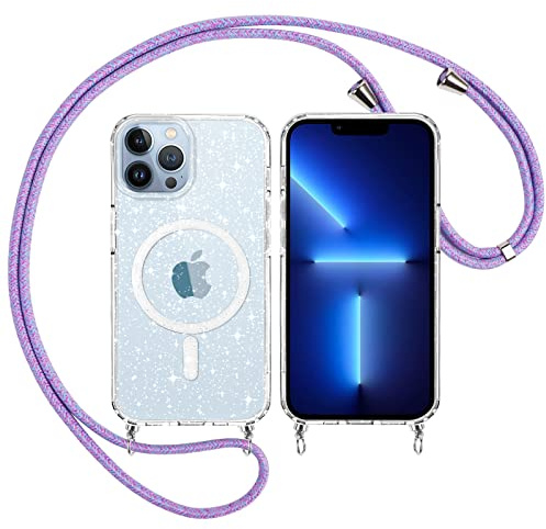 Yoedge Transparent Glitzer Magnetische Handykette Handyhülle Kompatibel mit MagSafe für iPhone 13 Pro Max Hülle mit Band 6,7,Sparkle Schutzhülle Built in Magnet Clear Cover für 13 Pro Max Case, Lila