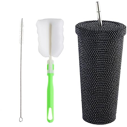 Nietenbesetzter Bling Tumbler mit Deckel und Strohhalm, Bling Glitter Wasserflasche Bling Cup, Strass Tumbler Cups mit Tassenbürste und Strohbürsten, Kaffeebecher Geschenk für Frauen Mädchen