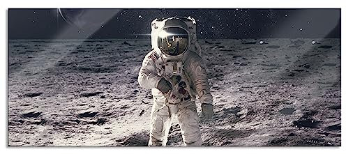 Pixxprint Glasbild Panorama, Wandbild aus Echtglas, Einsamer Astronaut auf dem Mond, 120x50 cm, inkl. Aufhängung und Abstandshalter