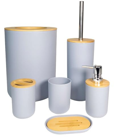 Intirilife Badezimmer Zubehör Set aus Bambus und Kunststoff in Grau - 6 teiliges Set Zahnputzbecher Zahnbürstenbecher Seifenschale Seifenspender Toilettenbürste mit Halterung und Mülleimer