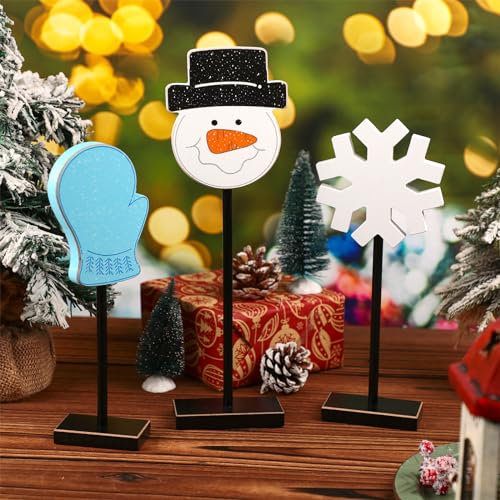 Panelee 3 Stück Winter Holz Tischdekoration Bauernhaus Holz Schneemann Blau Fäustling Handschuh Schneeflocke Hoch Stehend Rustikal Holz Mittelstück Winter Tischdekoration Schild für Schreibtisch