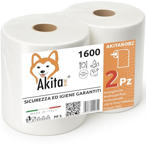 2 Rotoli Carta Asciugatutto 1600 Lunga Durata Extra Resistente Bobina carta Asciugatutto 2 veli pura cellulosa Microgoffratura Rotoloni asciugatutto uso alimentare casalingo industriale