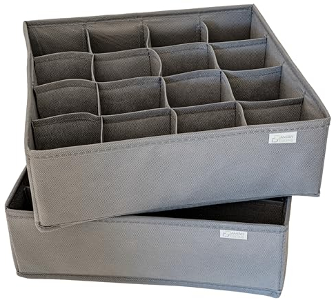 DAMIAN DESIGNS Storage Organizer, 16 Cells Folding Box, Drawer Divider, T-Shirts, Socks, Underwear, 2er-Pack (Gray)
