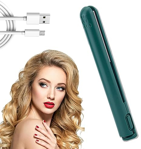 2-In-1 Mini Lockenstab,Keramik-Mini-Lockenwickler,Wiederaufladbarer Kleiner USB-Lockenwickler,Tragbarer Reise Lockenstab,Haarglätter und Lockenwickler,Mini-Doppelzweck-Lockenstab(Grün)