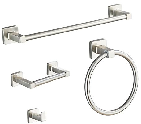 Set di accessori da bagno in nichel spazzolato, 4 pezzi, in acciaio inossidabile, da parete, include barra portasciugamani da 40 cm, anello per asciugamani, ganci per accappatoio, porta carta igienica