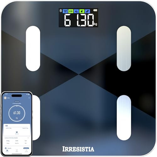 IRRESISTIA Smart Body Fat Scales - 4 Electrodes, 20 Body Metrics, Colourful VA Display, 6 On-Screen Metrics - Bluetooth Smart App (iOS/Android) - Black 28x28cm GBEVA28i