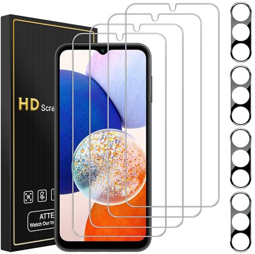 Romkasi [4+4 Stück Panzer Schutz Glas für Samsung Galaxy A14 4G/ 5G, 4 Stück Schutzfolie und 4 Stück Kameraschutz, 9H Härte Panzerfolie, Anti-Kratzr Glasfolie, HD Displayschutz