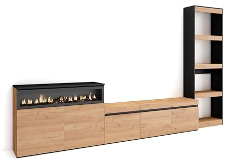Skraut Home | Wohnwand Wohnzimmer | Wohnzimmermöbel, Möbelset | 310x186x35cm | Für TV-Geräte bis zu 65 | Elektrokamin. | Moderner Stil | Eiche Schwarz