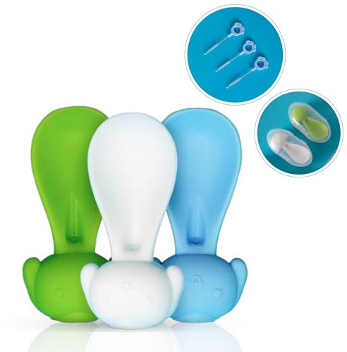 BumpyGumpy Baby Food Pouch Squeeze Spoon, Food Pouch Attachment Topper with Cleaning Brush, 3 Silicone Spoons with Travel Cases, White, Green, Blue, Bumpy001