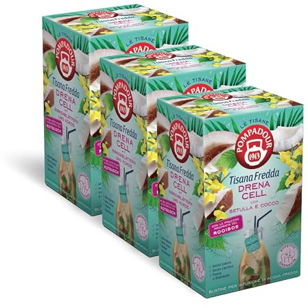 Pompadour, Tisana Fredda Drena Cell, 54 Filtri (3 Confezioni da 18 Filtri), con Betulla e Cocco, Elimina i Liquidi in Eccesso, Senza Lattosio, Glutine e Allergeni