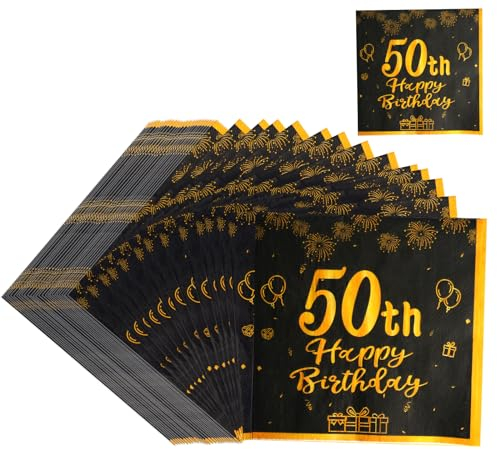 40 Stück 50 Geburtstagsdeko Servietten,Schwarz Gold Happy Birthday Servietten,33cm x 33cm Papierservietten,Papier Party Servietten für 50. Geburtstag Mann Frau,Tischdeko zum 50. Geburtstag