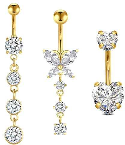 WillTen 3Pcs Bauchnabelpiercing Gold Chirurgenstahl, 14G 10mm Bauchnabelpiercing Schmetterling Herz Bauchnabelpiercing Set mit Anhänger, Piercing Bauchnabel Belly Piercing Bauchnabelpiercing Ring