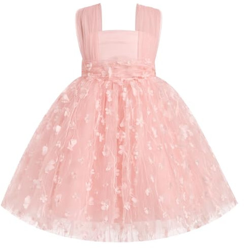 FYMNSI Vestito da Principessa per Battesimo, Feste, Matrimoni - Abito in Tulle per Bambini, Rosa Chiaro, 2-3 Anni