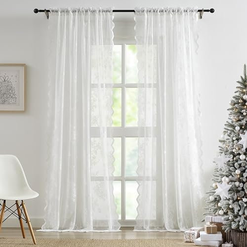 Bujasso White Lace Curtains Vintage Floral Sheer Drapes 90 Inch length Rod Pocket Light Filtering Victorian Scalloped Window Treatment for Living Room Bedroom 2 Panels 54 Wx90 L