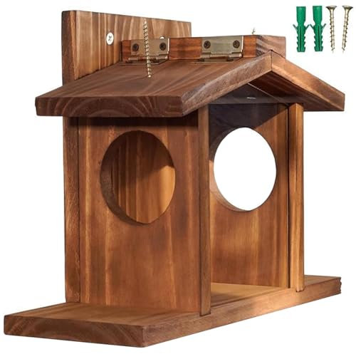 Mangeoires d'écureuil pour l'extérieur, maison d'écureuil, mangeoire à oiseaux en bois facile à remplir, mangeoire à oiseaux visible avec panneau d'écureuil amovible mangeur d'oiseaux en bois en bois