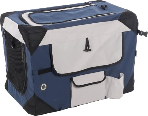 Flamingo Transportkäfig Geronimo blau 42x60x42cm - Verstärkter und Faltbarer Rahmen - Herausnehmbarer Boden - Aufrollbare Vorhänge, 3 Staufächer und mit Möglichkeit für eine Trinkflasche