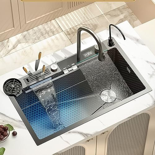 Cucina Cascata Cucina Display Digitale Lavello Tenda d'Acqua + Uscita Cascata Lavello a Nido d'Ape Lavello in Acciaio Inossidabile con Portacoltelli (Colore : D, Dimensioni : 75 * 46CM)