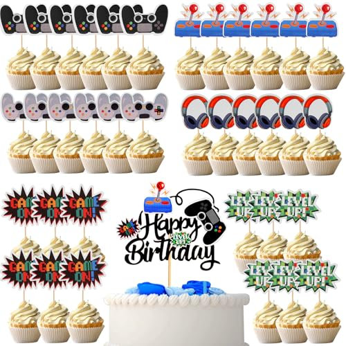 37 Pack Gaming Birthday Cake Topper, Video Gaming Theme Happy Birthday Cake Topper, Cake Toppers for Boys Kids Decoration, Game Controller Cake Decorations for Baby Shower Kids Birthday Party Supplies