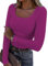 Damen Langarmshirt U-Ausschnitt Slim Fit Rippstrick Oberteil - Langarm Basic Tee Shirt Y2K T-Shirt Crop Tops Rosarot M
