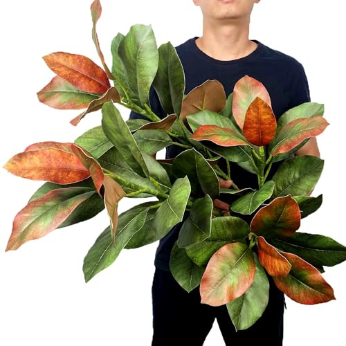 Artificial Magnolia Leaf Faux Ficus Tree Houseplants Greenery for Home Office Garden Indoor and Outdoor Decoration (Green - Pack of 2)