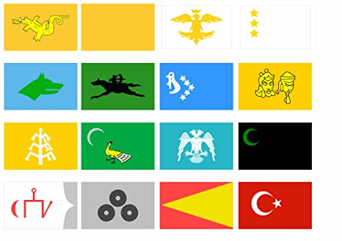 Daged 16x Turkstaaten Historische Osmanli Mongolen Hunnen Seldschuken Flaggen Fahnen Set - Bundesstaaten, Territorien Aufkleber Karte Sticker-Bogen - PKW Auto Fahne Flagge Decal - HIS