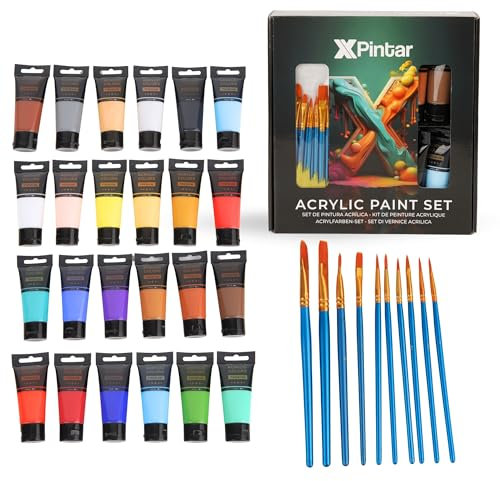 XPintar Kit Pintura Acrílica 34 Piezas - 24 Tubos de Pinturas Acrílicas 35 ml Colores Vibrantes Impermeables + 10 Pinceles variados - Set Manualidades para Niños y Adultos para Pintar en Lienzos