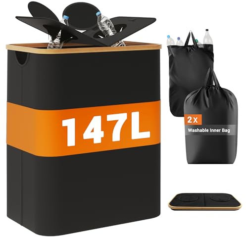 YOUDENOVA 147L Pfandflaschen Sammelbehälter mit Deckel & Geruchsdicht, Mülleimer 2 Fächer Küche, Flaschensammler Leergut & Altglas Aufbewahrung, Bambus Recycling Behälter Müllsackständer, Schwarz