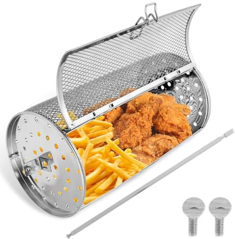 Tower Air Fryer Basket 360° Rotating Frying Basket Grill Roaster Drum Grilled Cage Stainless Steel Tower Rotisserie Basket Rolling Grill Cage Dishwasher Safe for Air Fryer Oven BBQ (14x23cm)