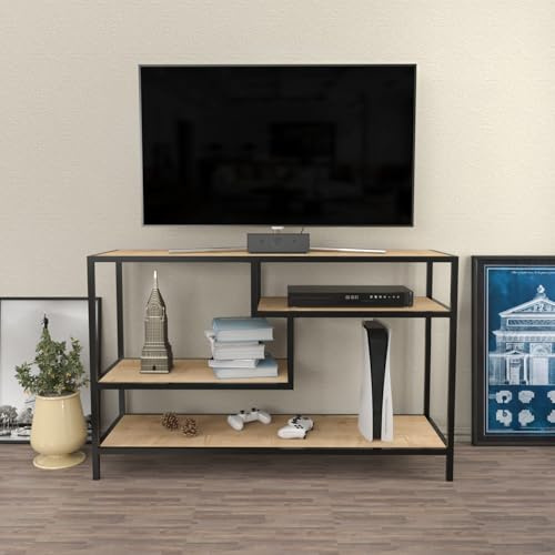 Hanah Home Industrial TV Stand, Oak & Black, 120 x 39 x 75 cm | 100% Melamine Coated Particle Board, 18 mm Thick, Sturdy Metal Frame | Stylish & Functional Design for Modern Living Rooms