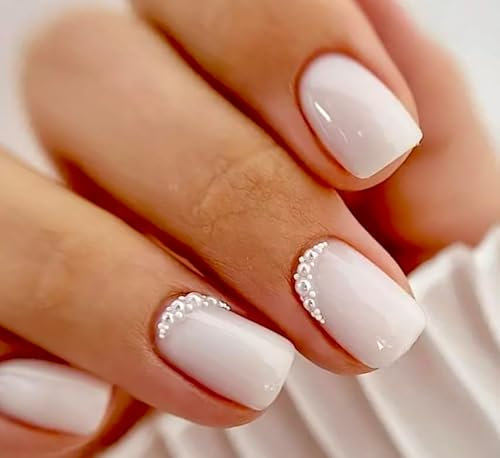 Glossy handmane press on nails, short and square french tip false nails with glue, 24 pcs of gel soft nails in 12 sizes, reusable for women and girls (white, Medium)