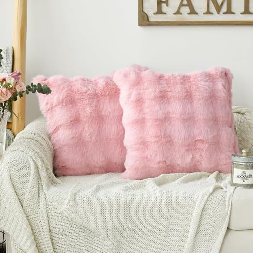 Artoid Mode Lot de 2 Housses de Coussin Décoratives en Fourrure Synthétique Super Douce Rose 45 x 45 cm pour Canapé, Chambre À Coucher
