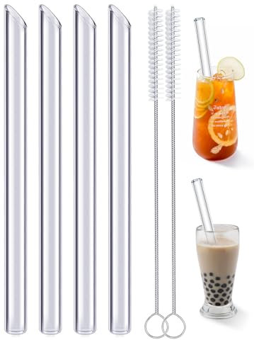 Realure 4 Pcs Oblicuo Pajitas Bubble Tea, 14mm Extra Ancha Pajitas Cristal Reutilizables, Transparentes Pajitas de Cristal Rectas 215mm con Cepillitos, Pajitas para Bubble Tea, Cócteles, Jugo