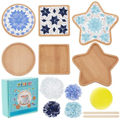 WEBEEDY 3 Sets DIY Mosaic Coasters Kit Blue Mosaic Tiles with Bamboo Coaster Handmade Summer Mosaic Coaster Making Kit with Instruction for Adults Beginners Beach Lovers Gift Home Decor,3 Styles