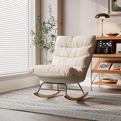 BHFFTHK Schaukelstuhl Sessel Relaxsessel Schaukelsessel,Leinen Stillstuhl Schwingstuhl mit Metallgestell und Holzsockel,Bequemer Lesesessel Rückenlehne für Wohnzimmer Schlafzimmer (Cremeweiß)