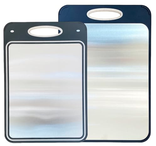 Frezonika Tabla de cortar de doble cara, paquete de 2 tamaños de 16 x 11 pulgadas, tabla de cortar de acero inoxidable 304 para cocina, grado alimenticio, acero inoxidable y paja de trigo PP, fácil de