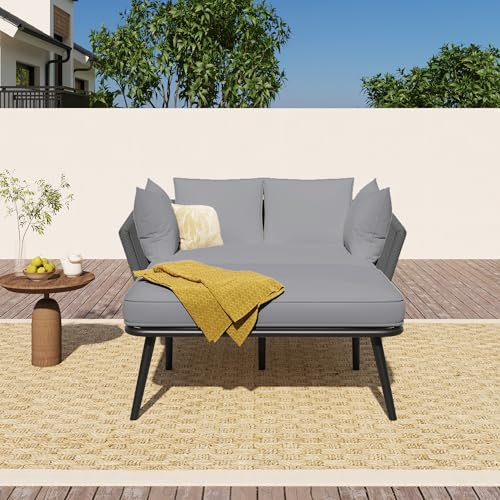 Moimhear 120x130x67cm Gartensofa mit 2 Kissen und 2 Polster,Sonnenliege im Außenbereich, Gartenlounge, Balkonmöbel-Set, Loungemöbel, Terrassenmöbel (Hellgrau)