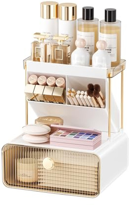 HOTOOLME Makeup Organizer 2-Tier 1-Drawer, Amber | for Cosmetics,Skincare,Brush Holder,Vanity
