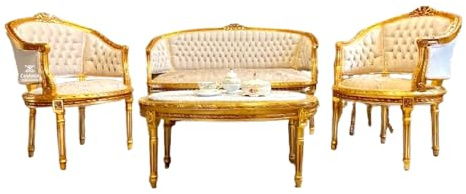 Sofa-Set im Retro Stil Französischer Barock und Rokoko Stil Beige, florales Damast Lounge Couch Set Handgefertigt Antiker Stil für Wohnzimmer Heimdekoration
