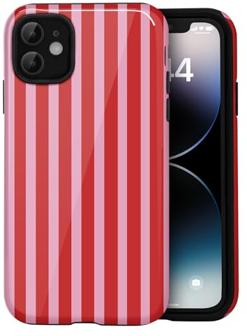 Amzfield Case for iPhone 12/12 Pro, Striped Dual Layer Shockproof Cute, Red