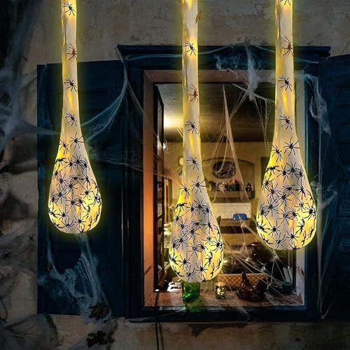 Halloween Deko Spinnen, 3 Stück Halloween Hängende Leuchtende Spinnen Eiersäcke Dekoration 90CM mit LED Lichtern für Helloween Party Garten Spukhäuse Decorations